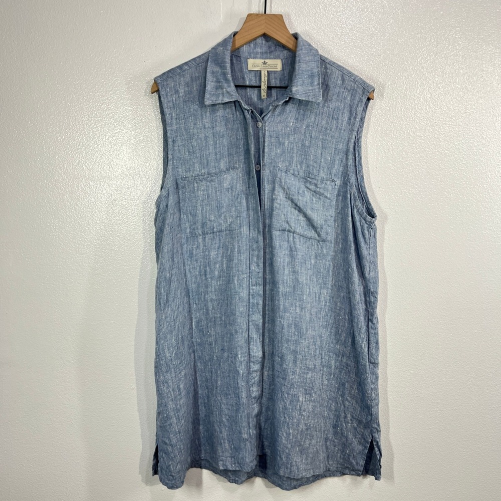 Crown Linen Designs‎ Sleeveless Tunic Shirt Dress XL Blue 100% Linen Longline